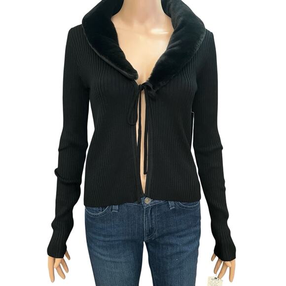 Madden Girl Juniors Faux Fur Collar Cardigan Medium Tied Front Ribbed Knit Black - Picture 1 of 10